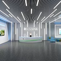 Modern Exhibition Hall Interior With Reception Desk Blue Sofas Display Screens Lighting And Polished Floor
