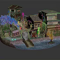 Traditional Japanese Architecture Model Featuring Cherry Blossom Trees Traditional Houses Water Area And Pathway