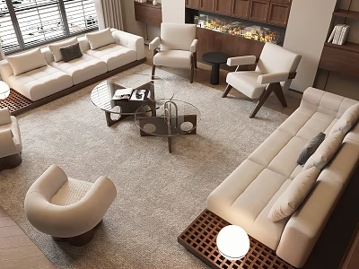 Modern Beige Sofa And Coffee Table Set With Armchairs Rug And Fireplace In Living Room 3d model