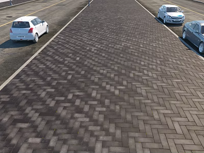 Interlocking Brick Roadway With Paved Surface Side Parking Spaces And Parked Cars 3d model