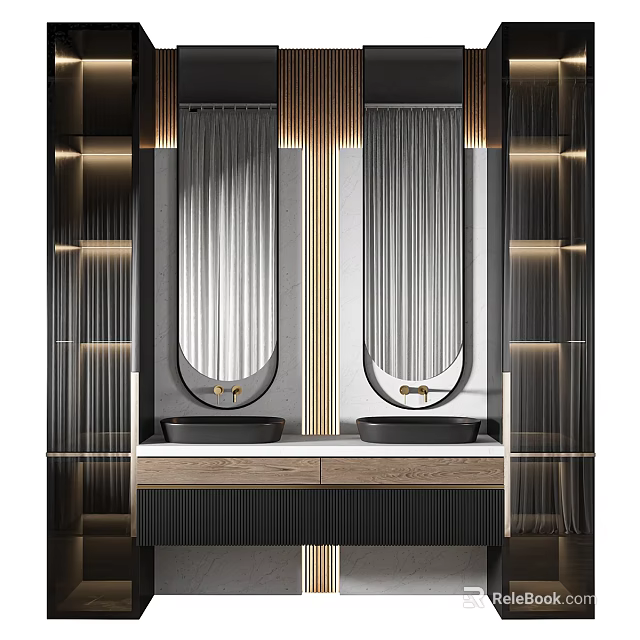 Elegant Modern Bathroom Vanity With Double Washbasins Gold Accents And Round Mirrors 3d model 