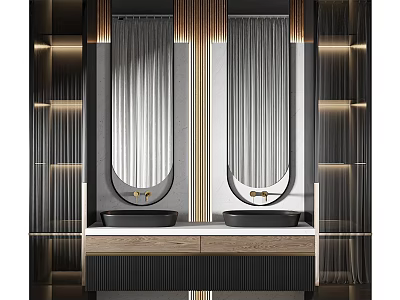 Elegant Modern Bathroom Vanity With Double Washbasins Gold Accents And Round Mirrors 3d model