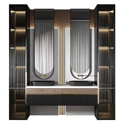Elegant Modern Bathroom Vanity With Double Washbasins Gold Accents And Round Mirrors 3d model