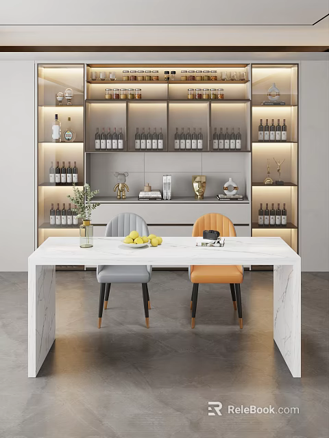 Elegant White Marble Dining Table Set with Gray Orange Chairs and Wine Rack Decorations 3d model