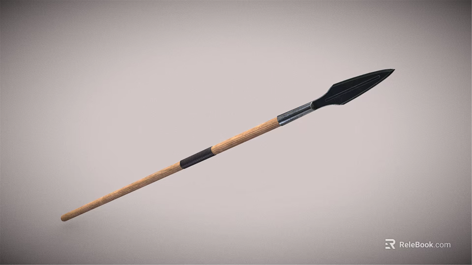 Long Traditional Handcrafted Spear With Wooden Shaft And Black Spearhead 3d model 