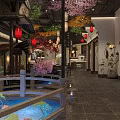 Traditional Chinese Restaurant Interior With Cherry Blossom Trees Lanterns And Water Features