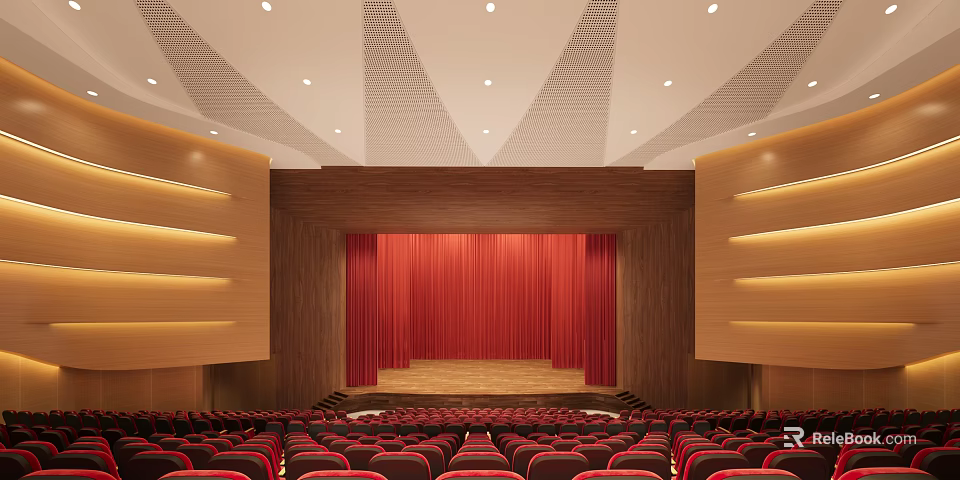 Elegant Conference Room With Red Curtains Stage Seating Wooden Walls And Ceiling Lighting 3d model 