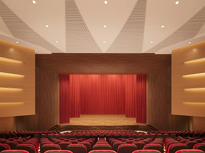 Elegant Conference Room With Red Curtains Stage Seating Wooden Walls And Ceiling Lighting 3d model