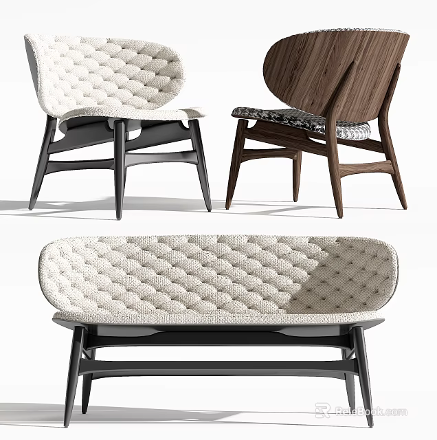 Modern Leisure Chair Design With Quilted Fabric Seat And Wooden Frame In Black Brown 3d model 