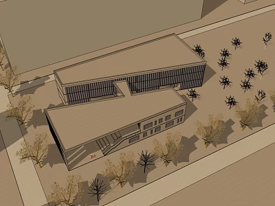 Modern Building Exterior With Flat Roof Large Glass Windows Surrounded By Trees 3d model