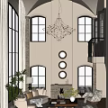 Elegant Modern Living Room With Crystal Chandelier Fireplace Round Mirrors Green Plants And Large Windows