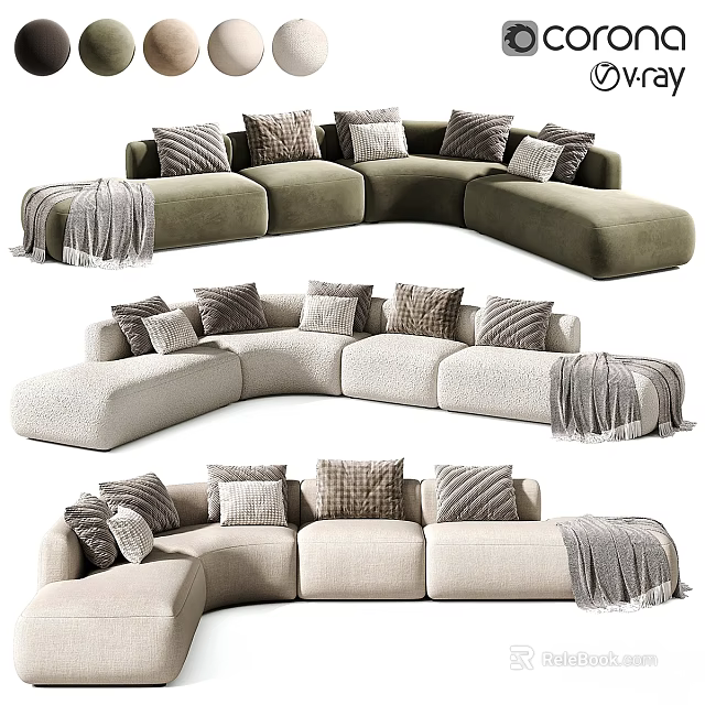 Modern Curved Sectional Sofas With Throw Pillows And Blankets For Cozy Living Room 3d model 