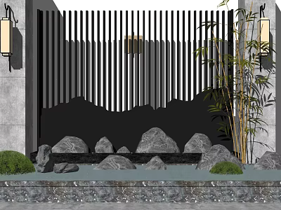 Garden Courtyard With Vertical Striped Screen Arranged Rocks Bamboo Plants And Lanterns 3d model