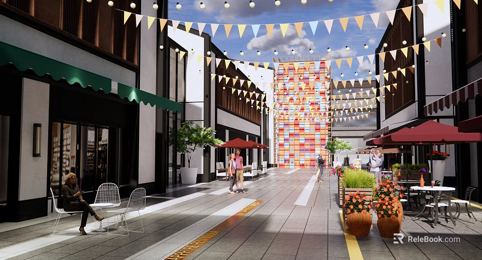 Vibrant Commercial Landscape Pedestrian Street With Storefronts Green Awnings Pedestrians And Colorful Decorations 3d model 