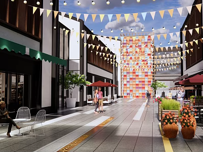 Modern Commercial Street Commercial Street Landscape Commercial Inner Street Shops Coffee Shop Flower Box Signs Night Market Street Colorful Lights 3d model