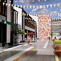 Vibrant Commercial Landscape Pedestrian Street With Storefronts Green Awnings Pedestrians And Colorful Decorations