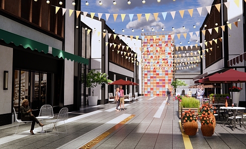 Modern Commercial Street Commercial Street Landscape Commercial Inner Street Shops Coffee Shop Flower Box Signs Night Market Street Colorful Lights 3d model