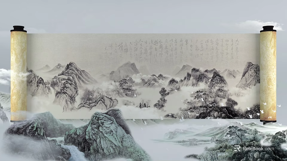 Traditional Chinese Landscape Painting With Misty Mountains Flowing Water And Ancient Calligraphy 3d model 