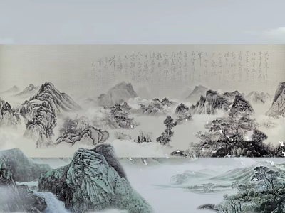 Traditional Chinese Landscape Painting With Misty Mountains Flowing Water And Ancient Calligraphy 3d model