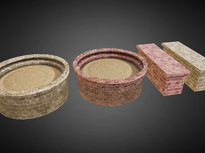 Decorative Brick Garden Ornaments With Round Planters And Rectangular Flower Beds 3d model