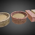 Decorative Brick Garden Ornaments With Round Planters And Rectangular Flower Beds 3d model