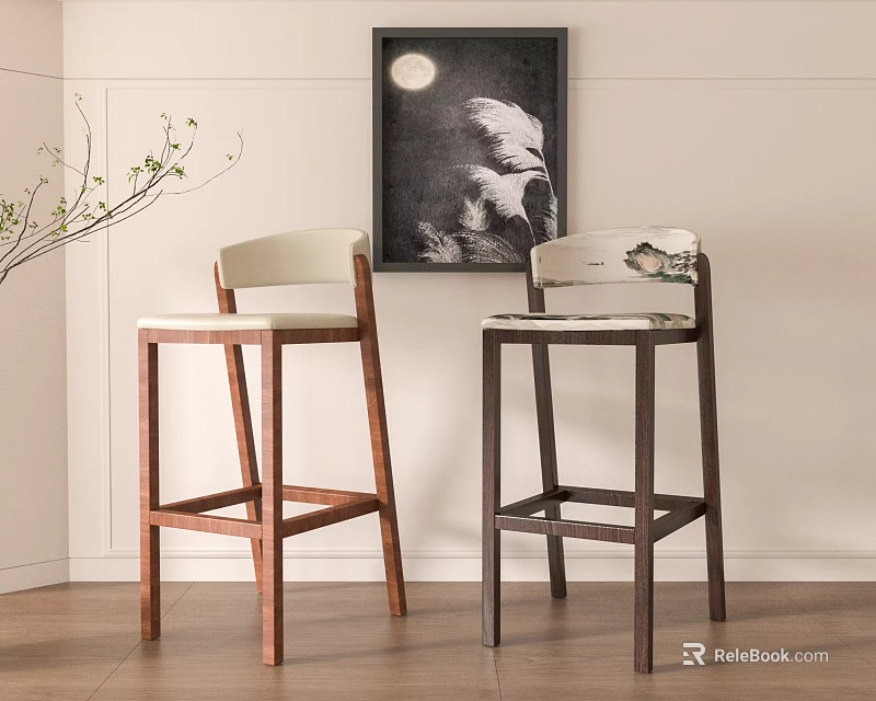 Modern Wooden Bar Stools With Light And Dark Backrest Design Wall Art And Plant 3d model 
