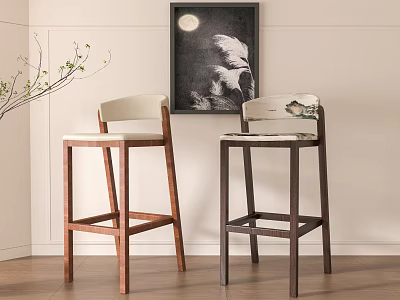 Modern Wooden Bar Stools With Light And Dark Backrest Design Wall Art And Plant 3d model