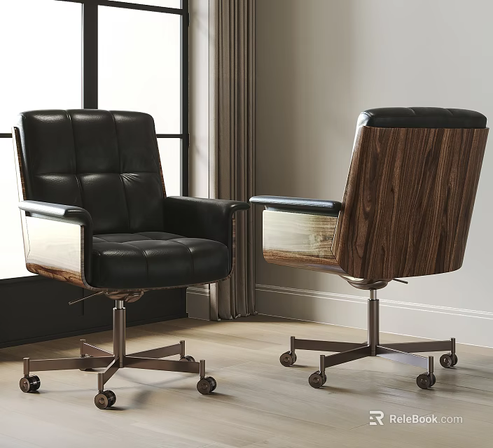 Modern Office Chair With Black Leather Upholstery Wooden Backrest And Metal Wheels Design 3d model 