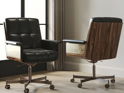 Modern Office Chair With Black Leather Upholstery Wooden Backrest And Metal Wheels Design 3d model