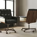 Modern Office Chair With Black Leather Upholstery Wooden Backrest And Metal Wheels Design