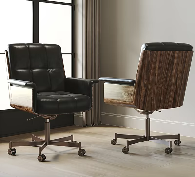 Modern Office Chair With Black Leather Upholstery Wooden Backrest And Metal Wheels Design 3d model