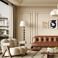 Elegant Living Room Interior With Brown Leather Sofa Coffee Table White Chandelier And Decorative Paintings