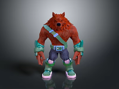 3D Werewolf Character Model With Red Fur Green Straps Blue Pants And Green Shoes 3d model