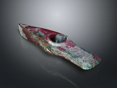Ancient Stone Weapon With Red Green White Textured Surface And Central Hole Spearhead Shape 3d model