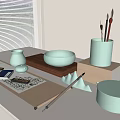 Light Green Ceramic Desk Accessories And Stationery Setup With Decorative Vase Bowl And Pen Holder