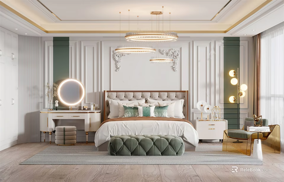 Luxurious Bedroom Interior Design With Upholstered Headboard Round Mirror And Chandeliers 3d model 