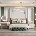 Luxurious Bedroom Interior Design With Upholstered Headboard Round Mirror And Chandeliers
