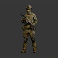 Military Soldier in Camouflage Uniform Holding Rifle Standing Against Gray Background