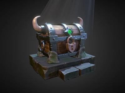 Decorative Wooden Storage Chest With Horns Metal Accents Green Gemstone Lock And Stone Base 3d model