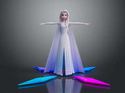 Blonde Elsa In White Gown With Blue Pink Ice Spikes Arms Outstretched On Reflective Ground 3d model