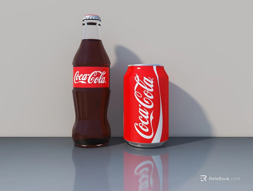 Coca-Cola Carbonated Soft Drink Bottle And Can On Reflective Gray Surface 3d model 