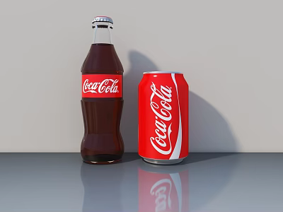 Coca-Cola Carbonated Soft Drink Bottle And Can On Reflective Gray Surface 3d model