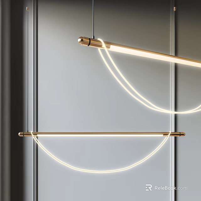 Modern Minimalist Brass Chandelier With Long Bar And Curved LED Light Strips On Gray Wall 3d model 