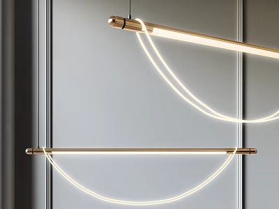 Modern Minimalist Brass Chandelier With Long Bar And Curved LED Light Strips On Gray Wall 3d model