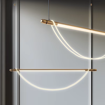 Modern Minimalist Brass Chandelier With Long Bar And Curved LED Light Strips On Gray Wall 3d model