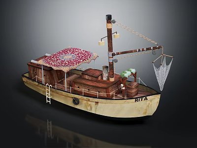 Wooden Boat Featuring Red And White Patterned Canopy Ladder Lanterns Fishing Net And RITA Name 3d model