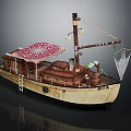 Wooden Boat Featuring Red And White Patterned Canopy Ladder Lanterns Fishing Net And RITA Name