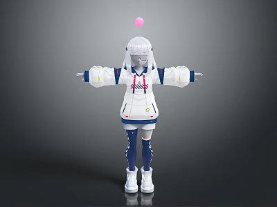 Game Anime Character With White Hair Pink Head Ball And Blue Red Striped White Outfit 3d model