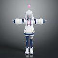 Game Anime Character With White Hair Pink Head Ball And Blue Red Striped White Outfit