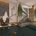 Elegant Hotel Corridor With Central Water Channel Green Plant Walls Hanging Plants And Ambient Lighting